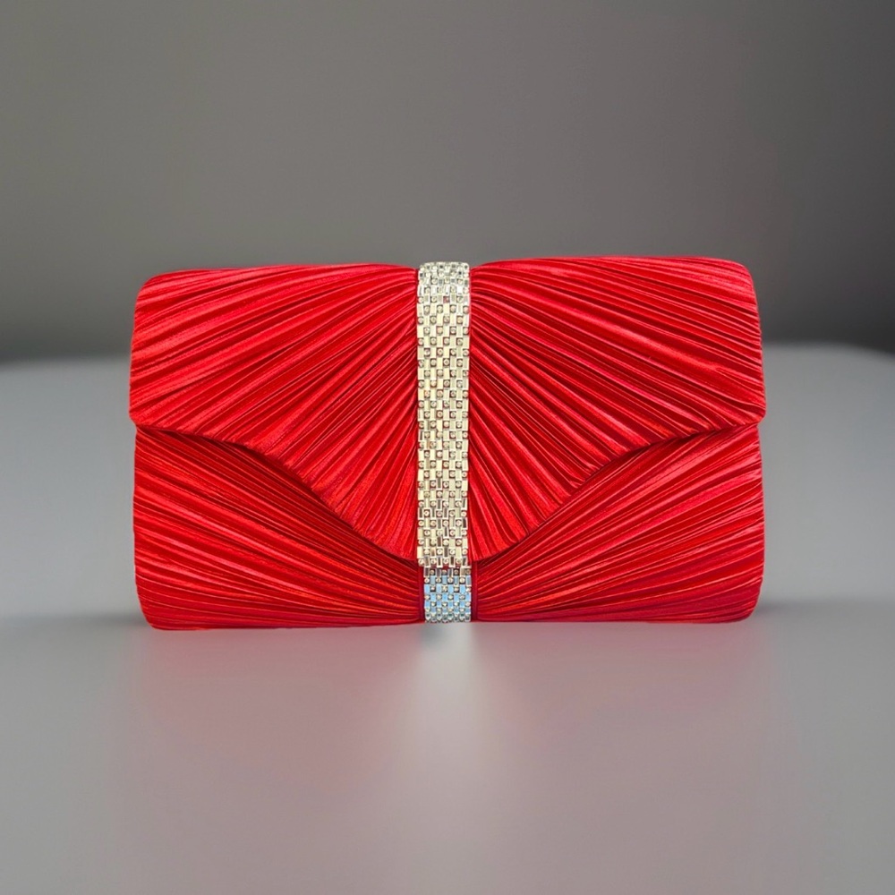Gunne Sax by Jessica McClintock Red Satin Pleated Clutch with Crystal Accent